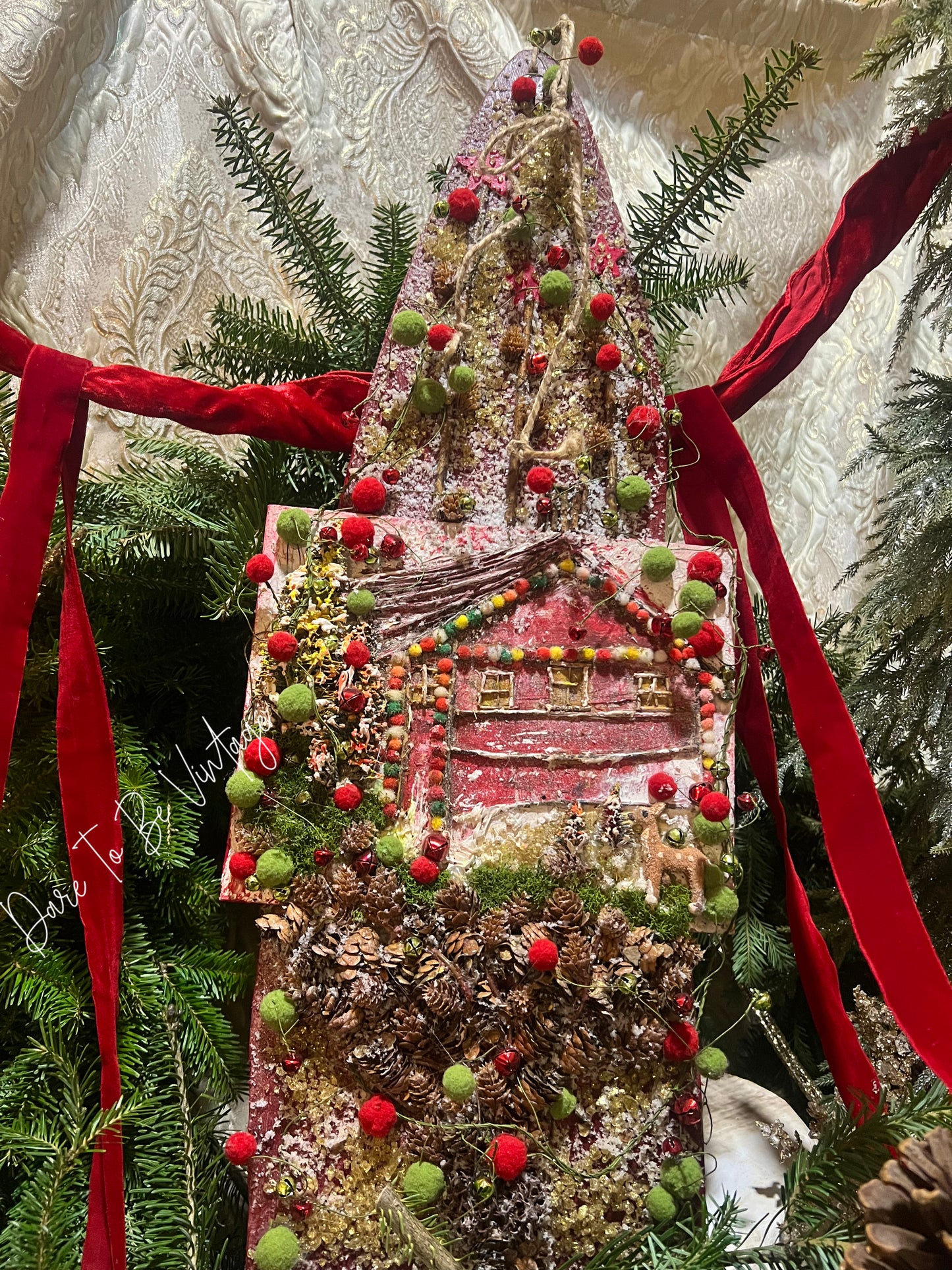 Rustic Farmhouse Christmas ~ Handmade Log Cabin Wall Art~ Boho Holiday Art ~ Christmas Log Cabin