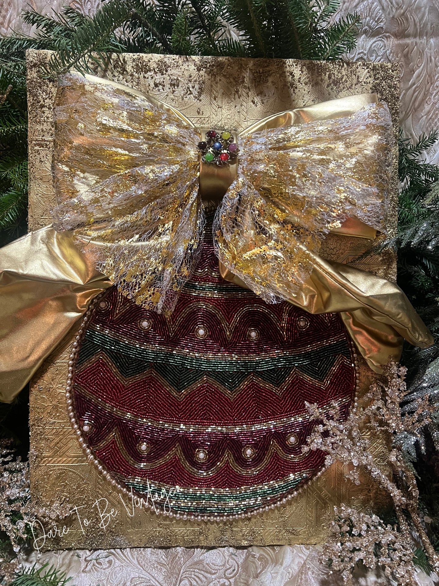 Holiday Ornament On Gold Canvas ~ Framed Vintage Jewelry Art ~ Christmas Bow Ornament