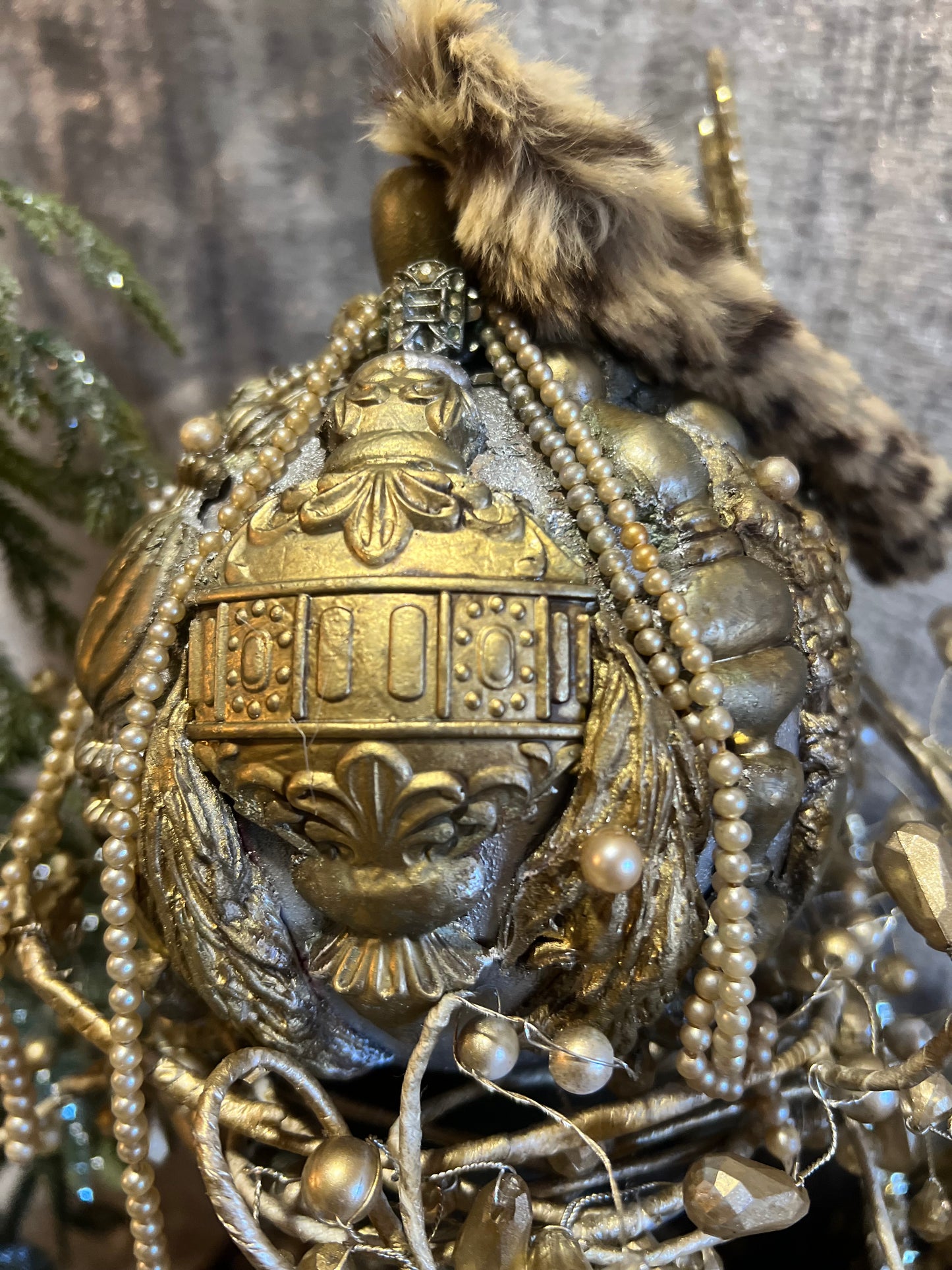 Vintage Leopard Print & Pearl Holiday Centerpiece ~ Silver & Gold Vintage Christmas Ornament ~ Vintage Christmas Decorations