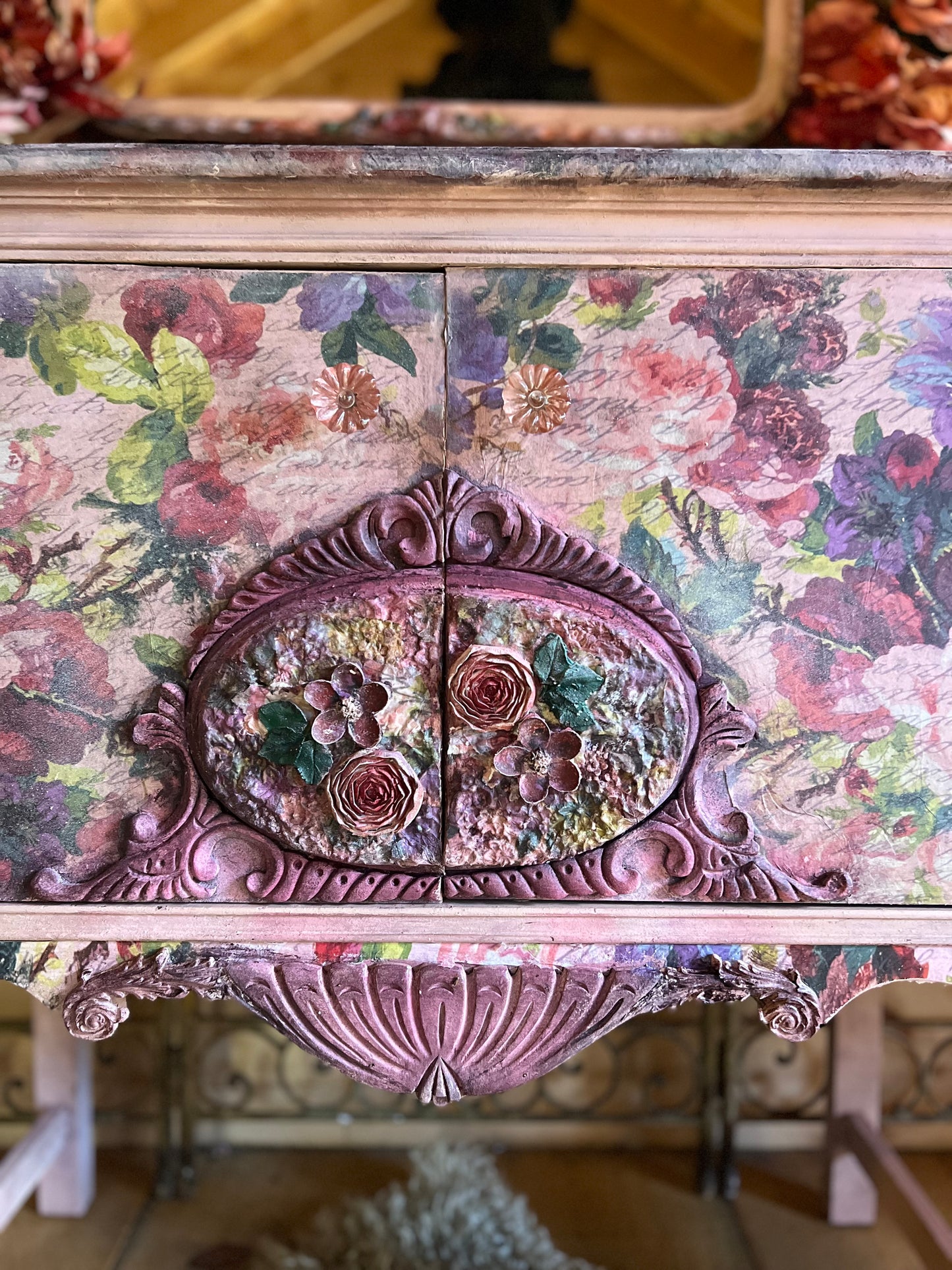 “Bloomstruck” Hand Painted Country Cottage Buffet / Shabby Floral Cottage Entryway Table / Cottage Core Furniture