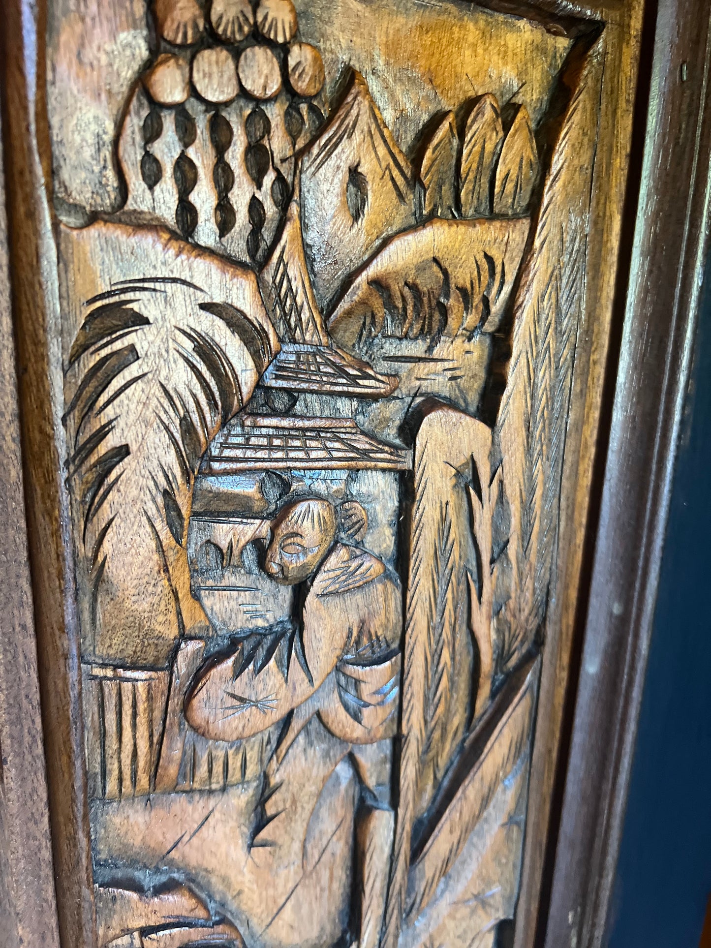 'Pagoda Garden' Hand Painted Vintage Carved Nightstands / Asian Carved End Tables / Vintage Wooden Carved Cabinets
