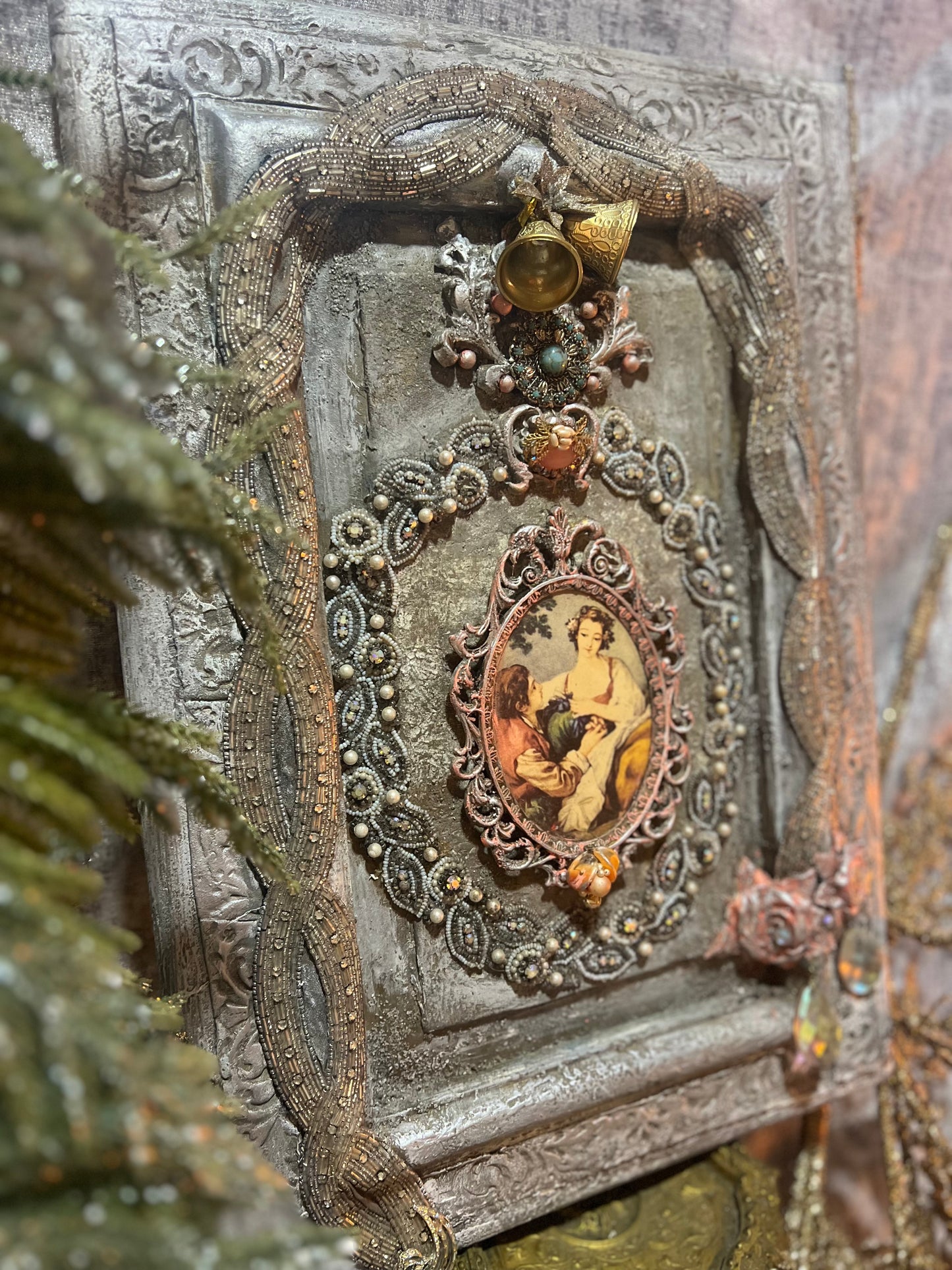 Framed Vintage Jewelry Art ~ Vintage Holiday Wall Art ~ Handcrafted Vintage Beaded Christmas Art