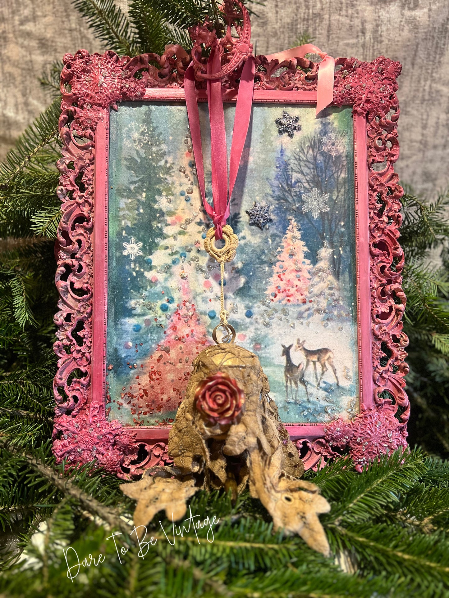 Upcycle Pastel Pink Christmas Artwork ~ Vintage Christmas Tree ~ Handmade Christmas Decor
