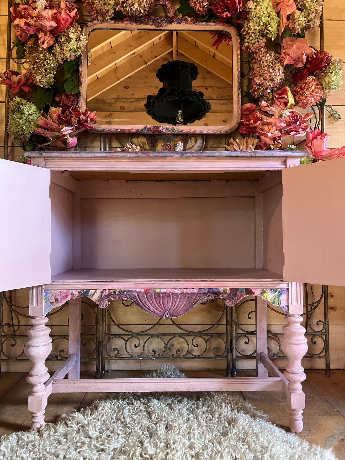 “Bloomstruck” Hand Painted Country Cottage Buffet / Shabby Floral Cottage Entryway Table / Cottage Core Furniture