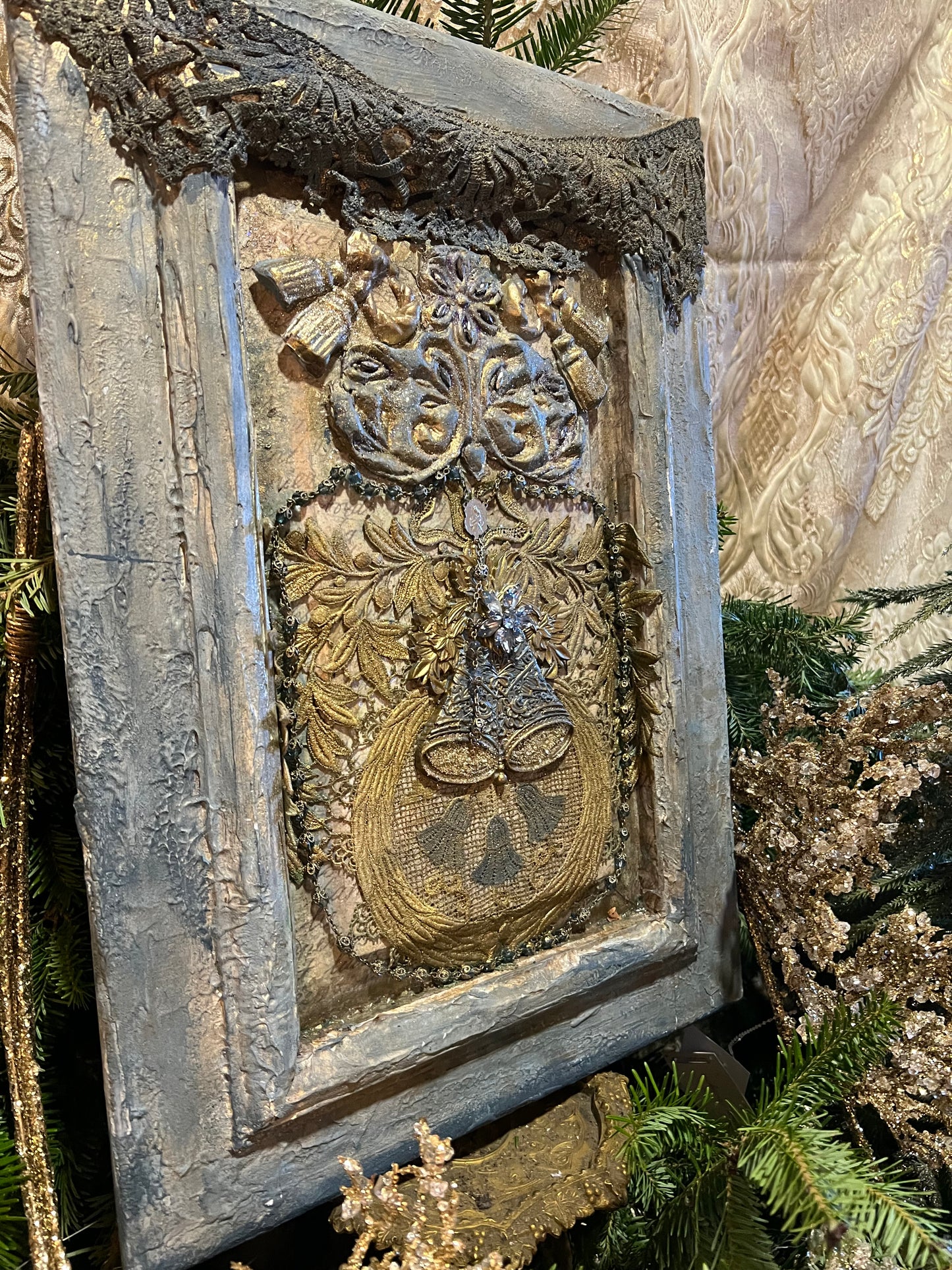 Framed Vintage Jewelry Art ~ Vintage Holiday Wall Art ~ Handcrafted Vintage Beaded Christmas Art