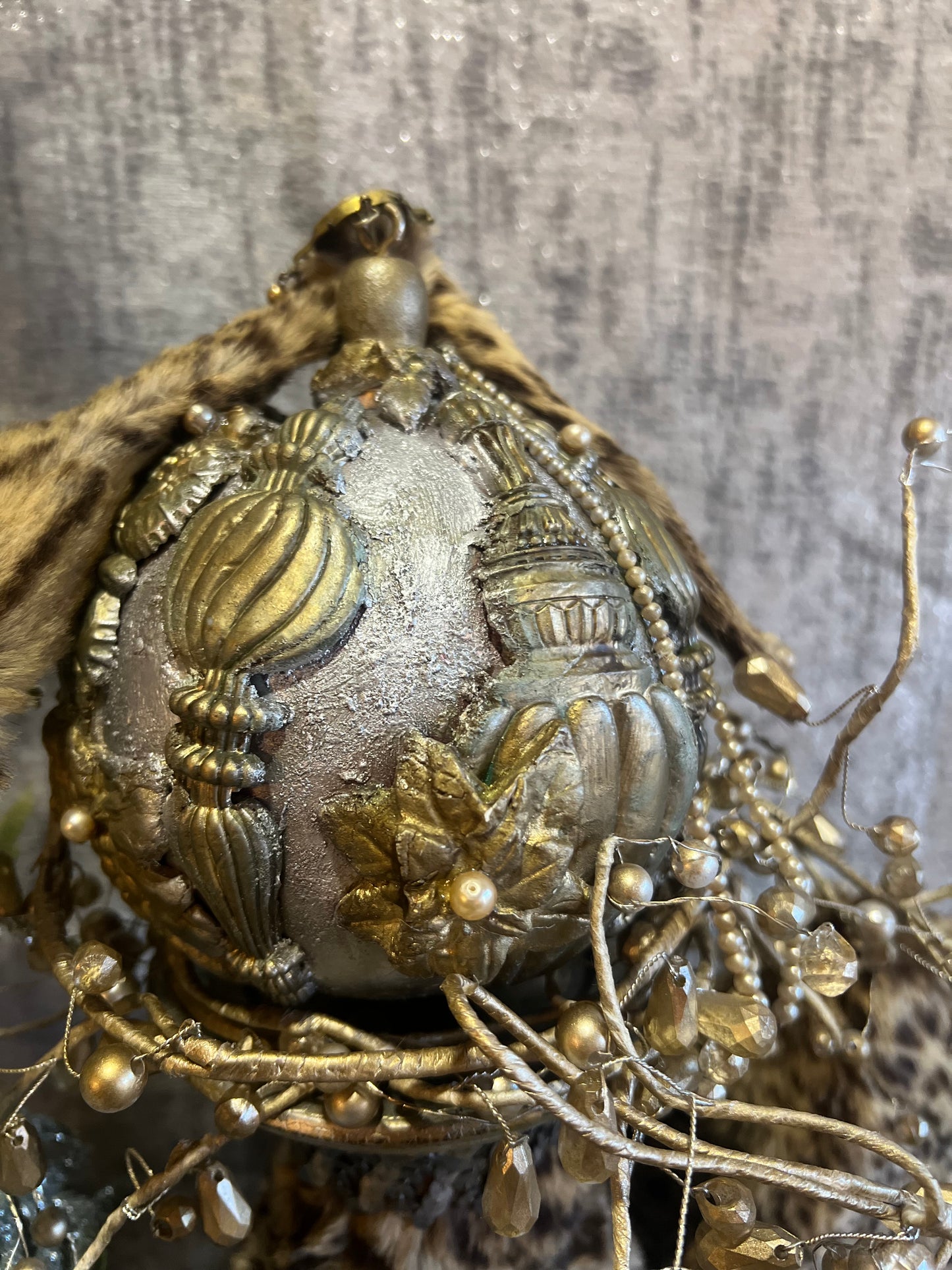 Vintage Leopard Print & Pearl Holiday Centerpiece ~ Silver & Gold Vintage Christmas Ornament ~ Vintage Christmas Decorations