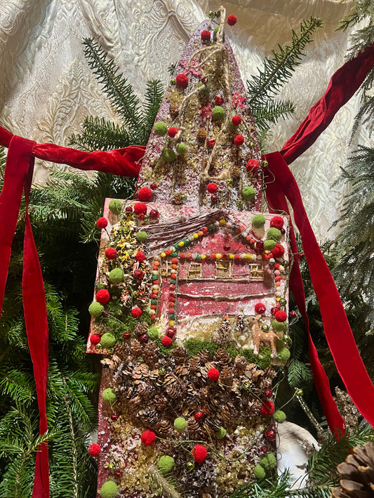 Rustic Farmhouse Christmas ~ Handmade Log Cabin Wall Art~ Boho Holiday Art ~ Christmas Log Cabin