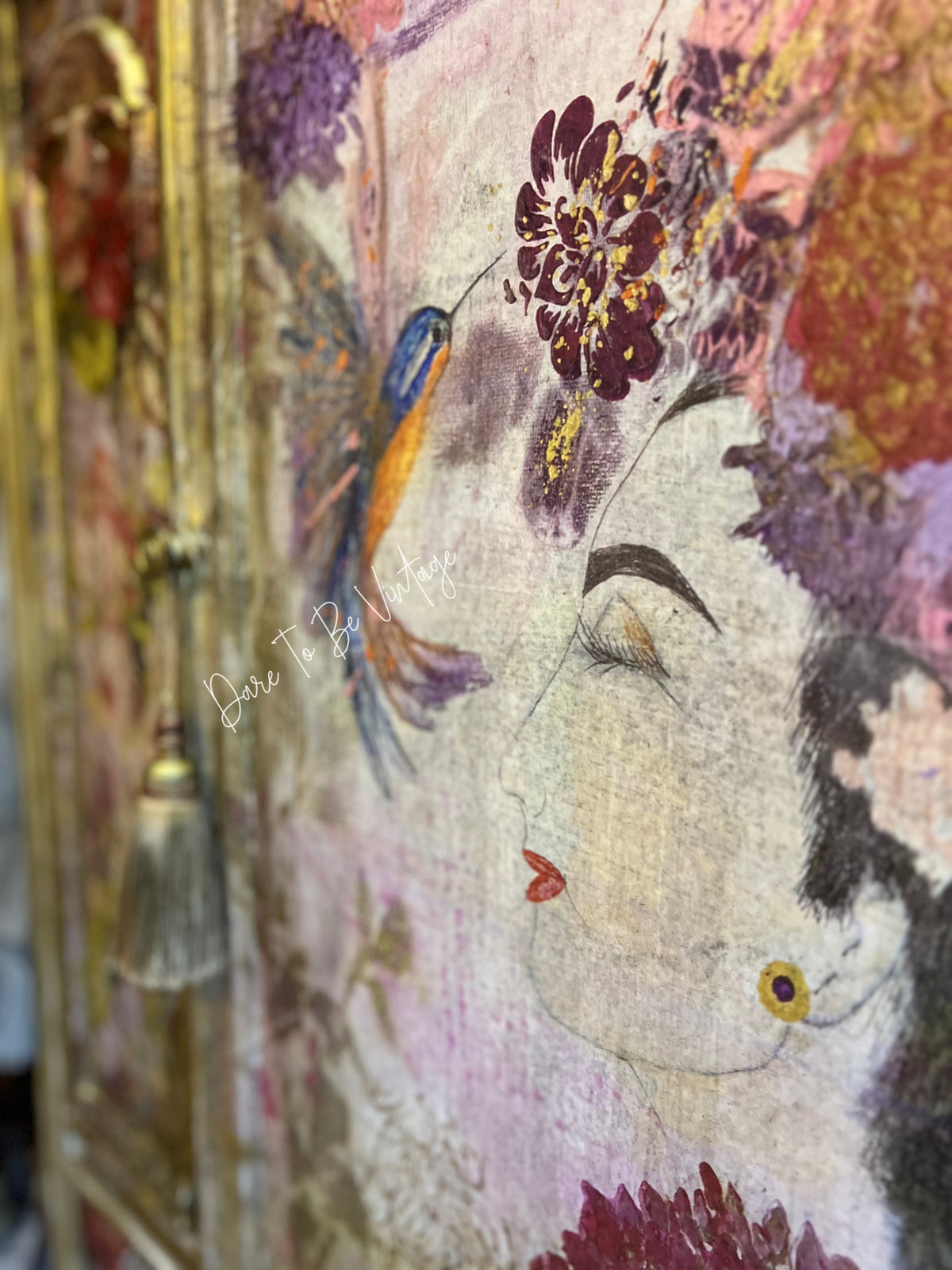 'Innocent Beauty' Whimsical Floral Armoire, Hand-Painted Floral China Cabinet