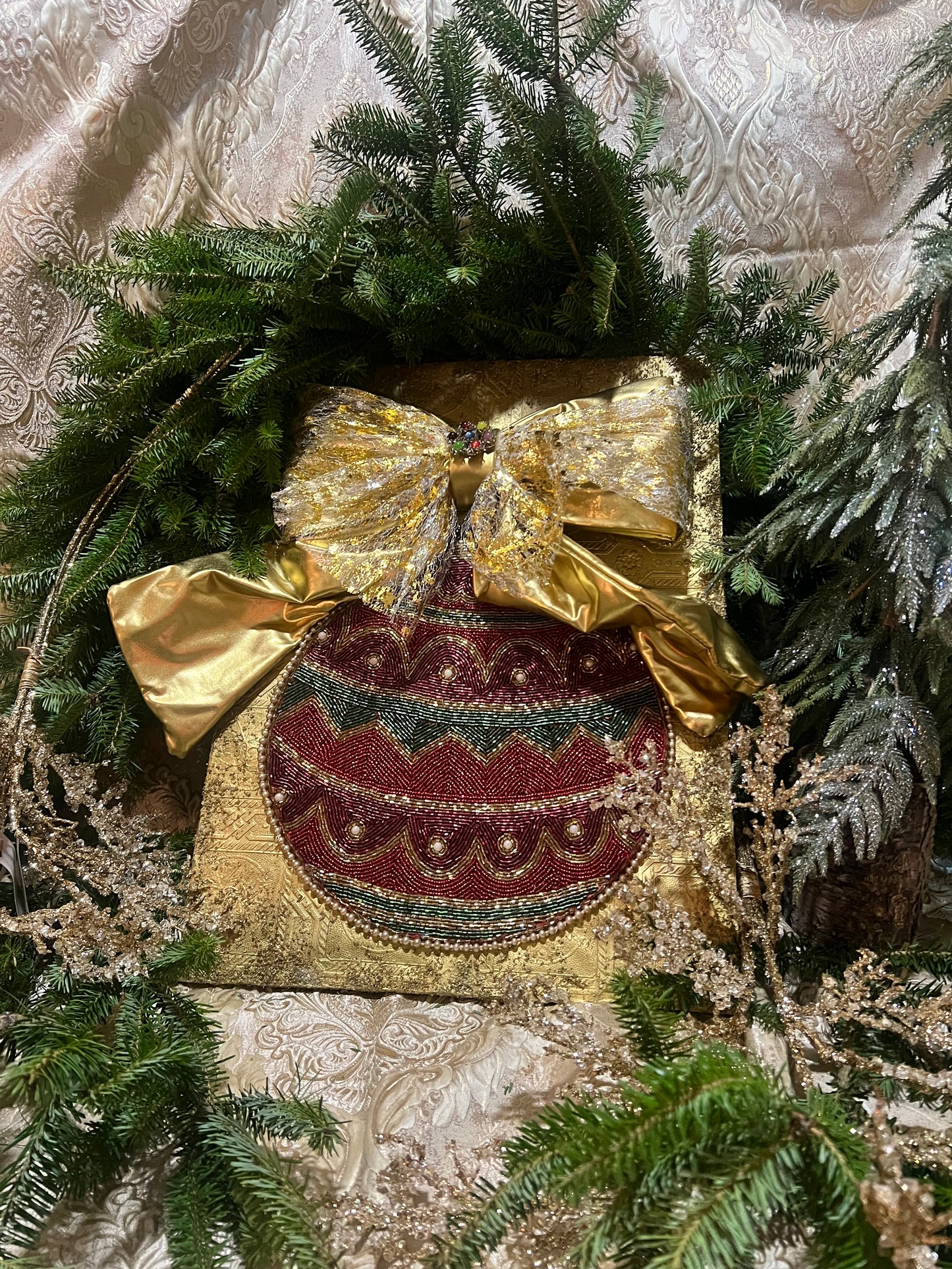Holiday Ornament On Gold Canvas ~ Framed Vintage Jewelry Art ~ Christmas Bow Ornament