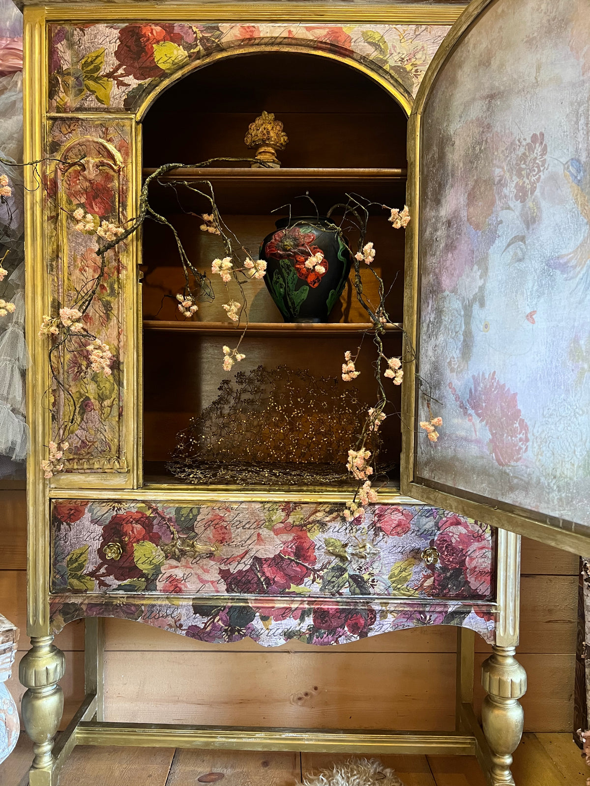 'Innocent Beauty' Whimsical Floral Armoire, Hand-Painted Floral China Cabinet