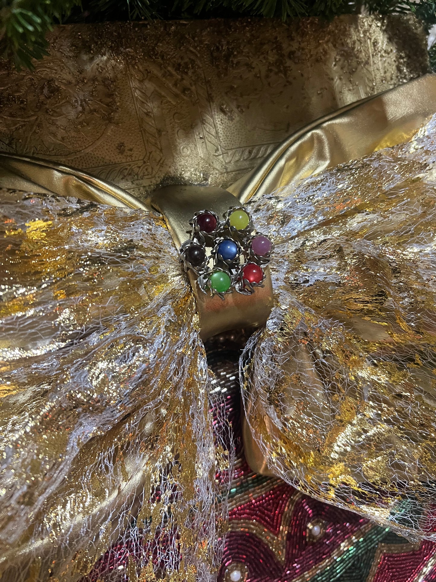 Holiday Ornament On Gold Canvas ~ Framed Vintage Jewelry Art ~ Christmas Bow Ornament