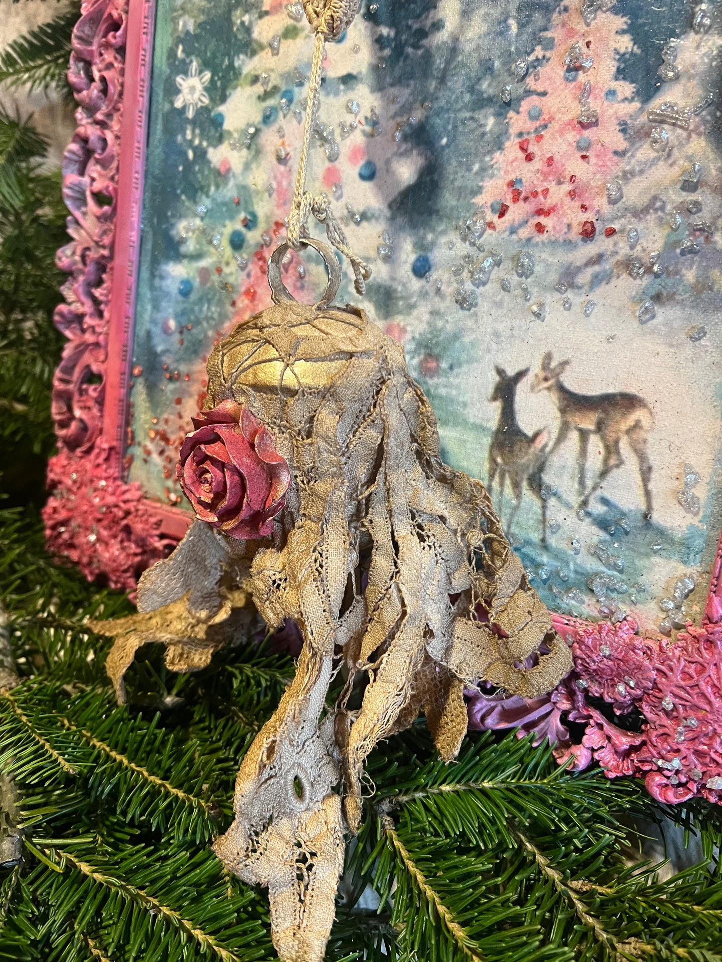 Upcycle Pastel Pink Christmas Artwork ~ Vintage Christmas Tree ~ Handmade Christmas Decor