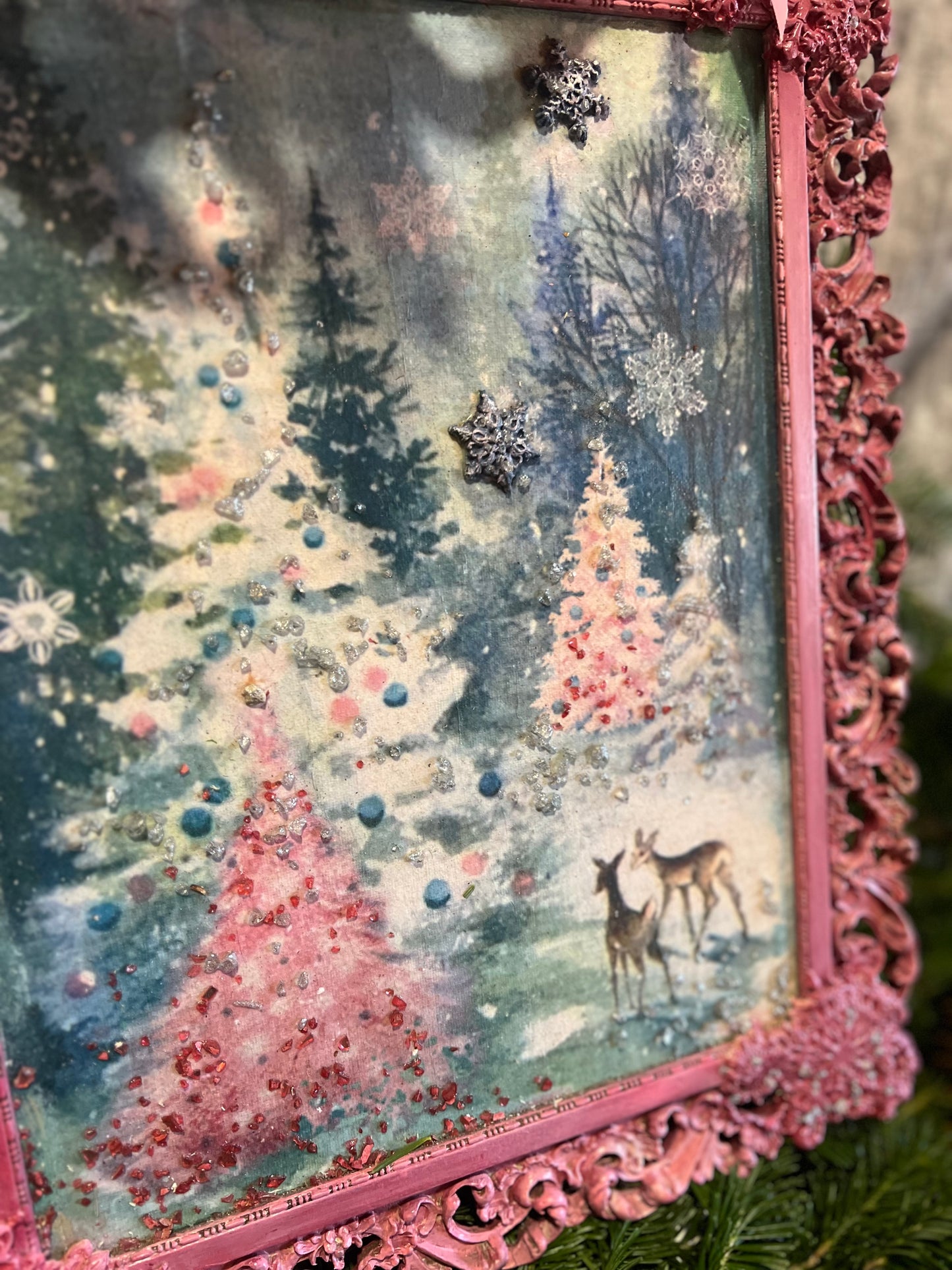 Upcycle Pastel Pink Christmas Artwork ~ Vintage Christmas Tree ~ Handmade Christmas Decor