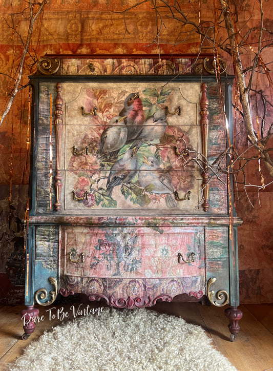 "Song Bird" / Hand Painted French Country Cottage Dresser / Garden Birds / Bohemian Dresser