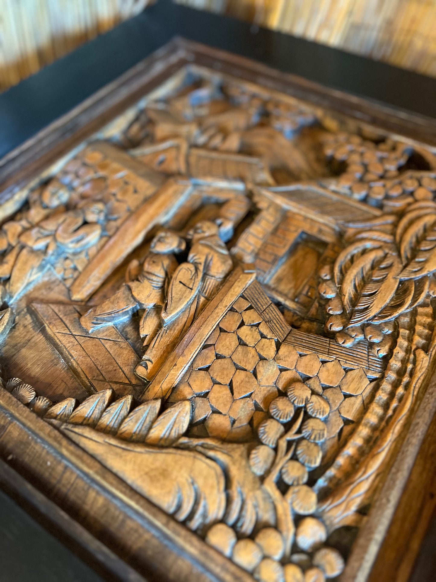 'Pagoda Garden' Hand Painted Vintage Carved Nightstands / Asian Carved End Tables / Vintage Wooden Carved Cabinets