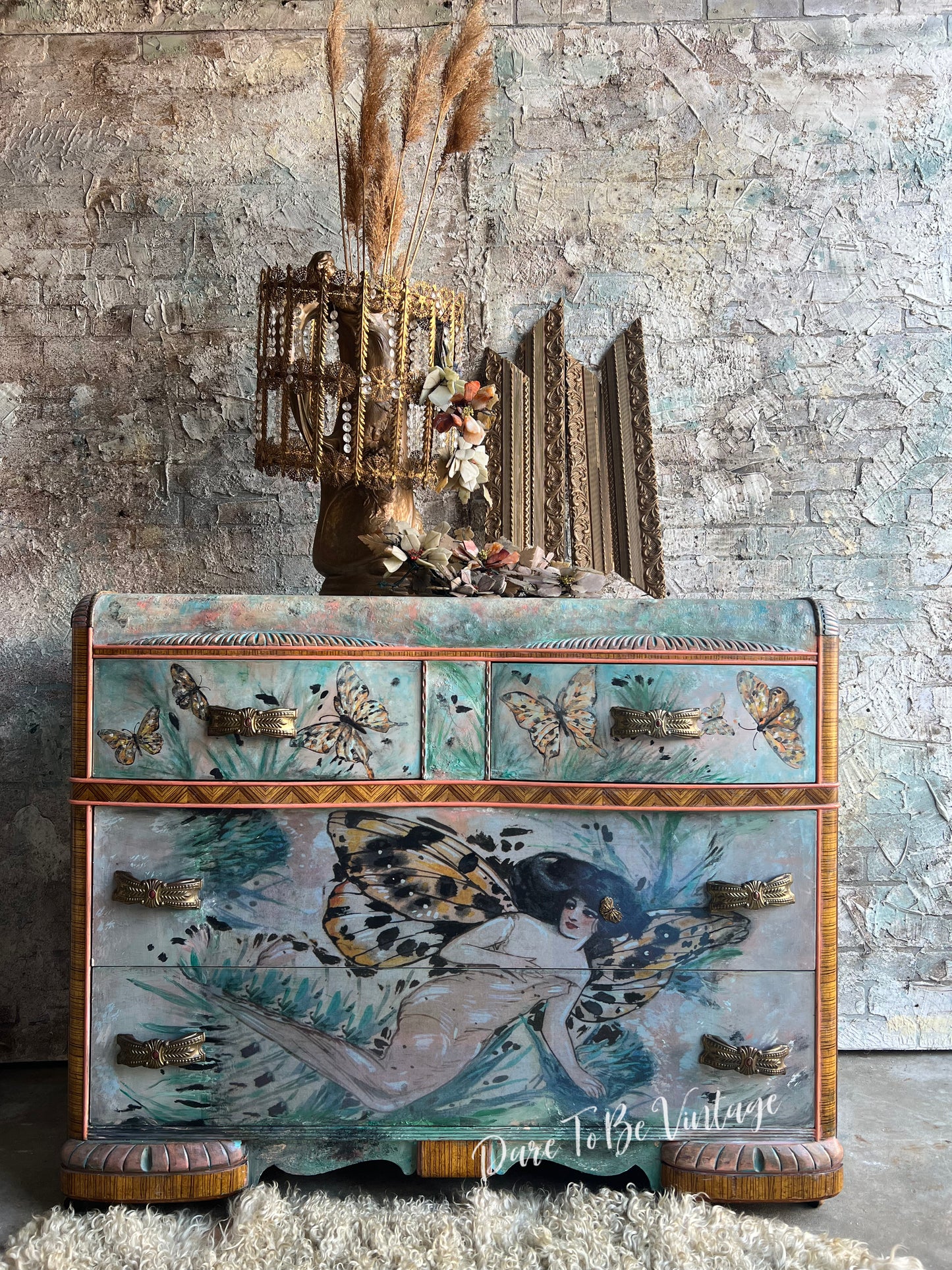 Hand Painted Butterfly Dresser Buffet Sideboard