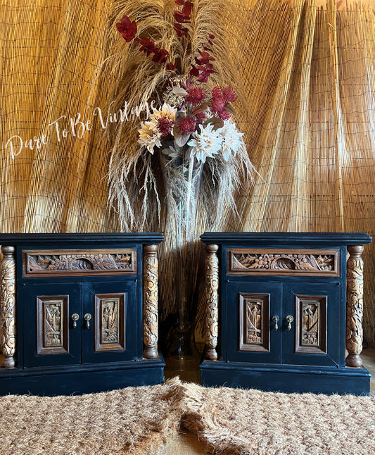 'Pagoda Garden' Hand Painted Vintage Carved Nightstands / Asian Carved End Tables / Vintage Wooden Carved Cabinets