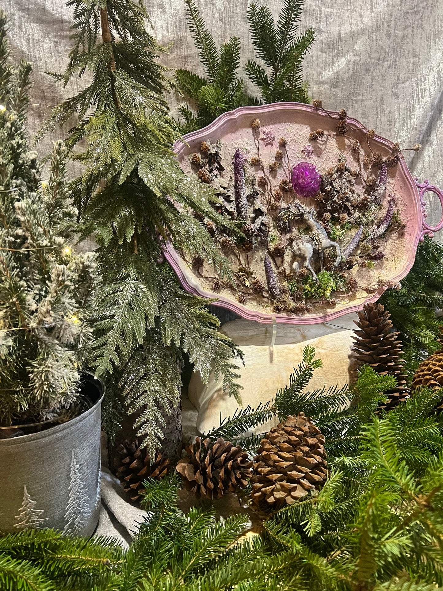 Upcycle Vintage Holiday Reindeer Tray ~ Handmade Rustic Woodland Reindeer Christmas Art ~ Purple Christmas