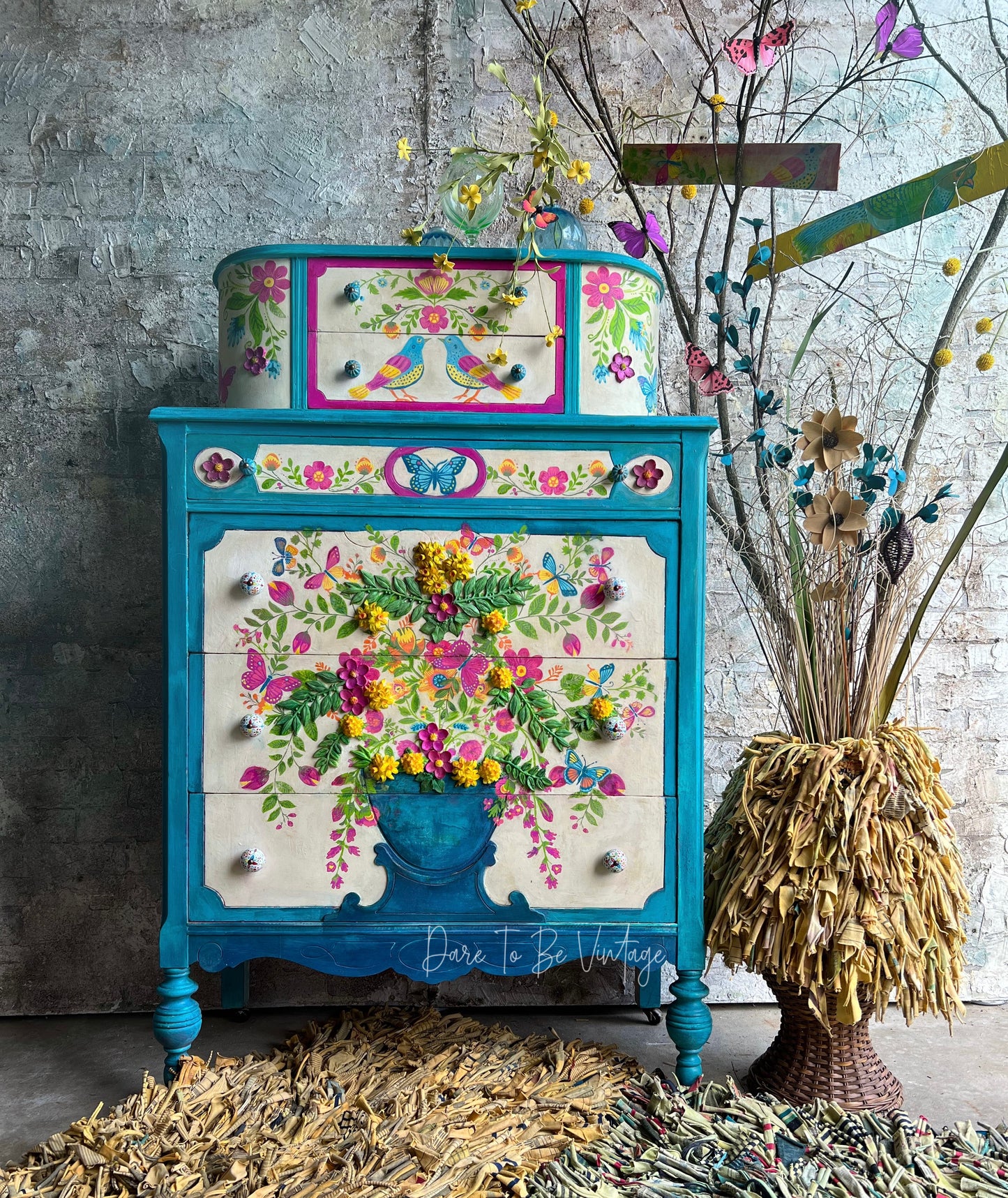 'Dance Amongst The Garden ' Hand Painted Folk Art Whimsical Bird Floral Dresser