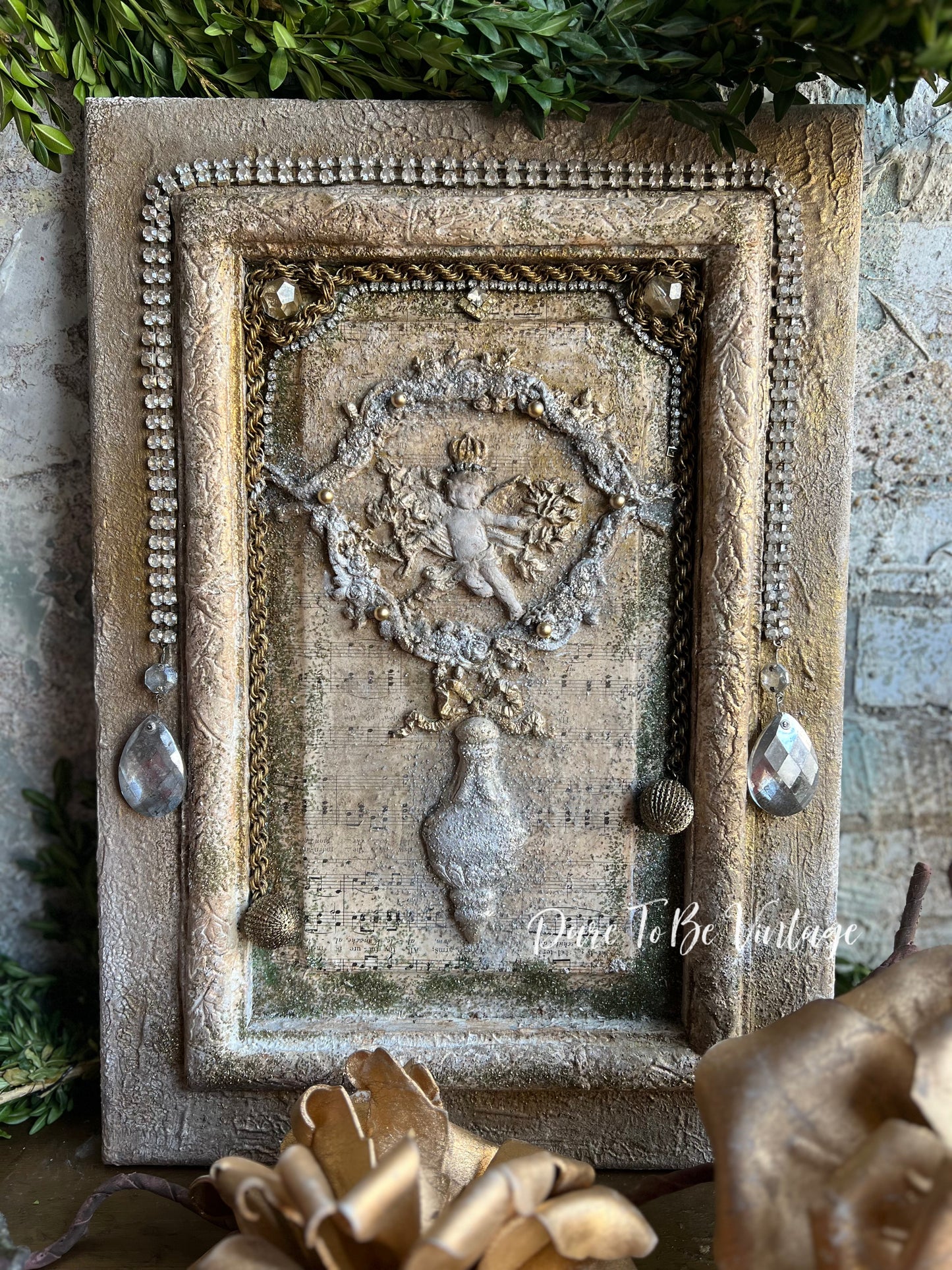 Old World Metallic Jeweled Cherub Wall Art / Vintage Christmas Jeweled Art Board