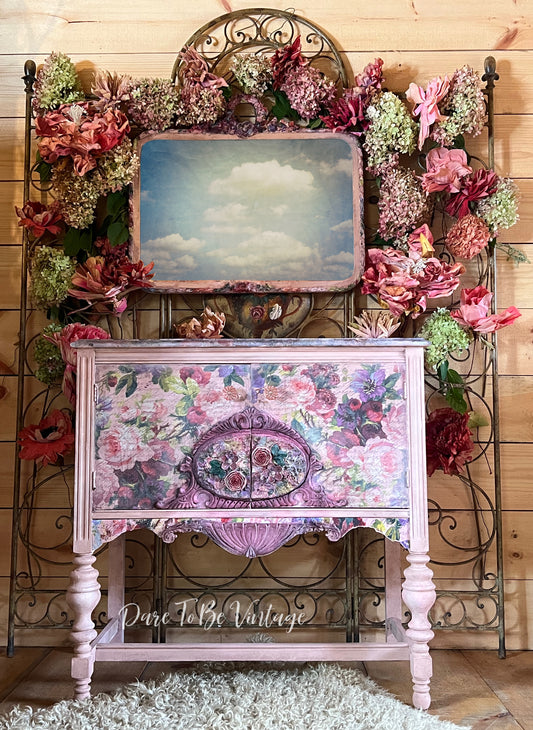 “Bloomstruck” Hand Painted Country Cottage Buffet / Shabby Floral Cottage Entryway Table / Cottage Core Furniture