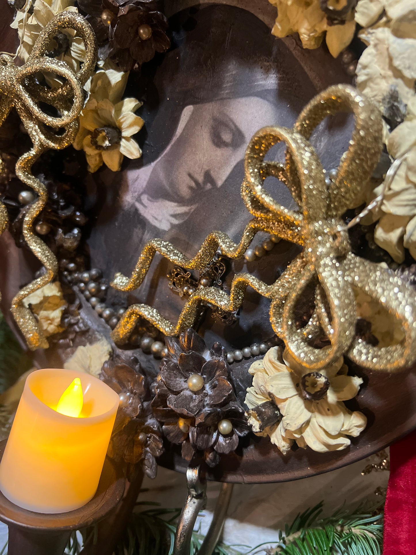 Handmade Religious Wall Art ~ Vintage Handmade Holiday Decor ~ Christmas Bows & Flowers