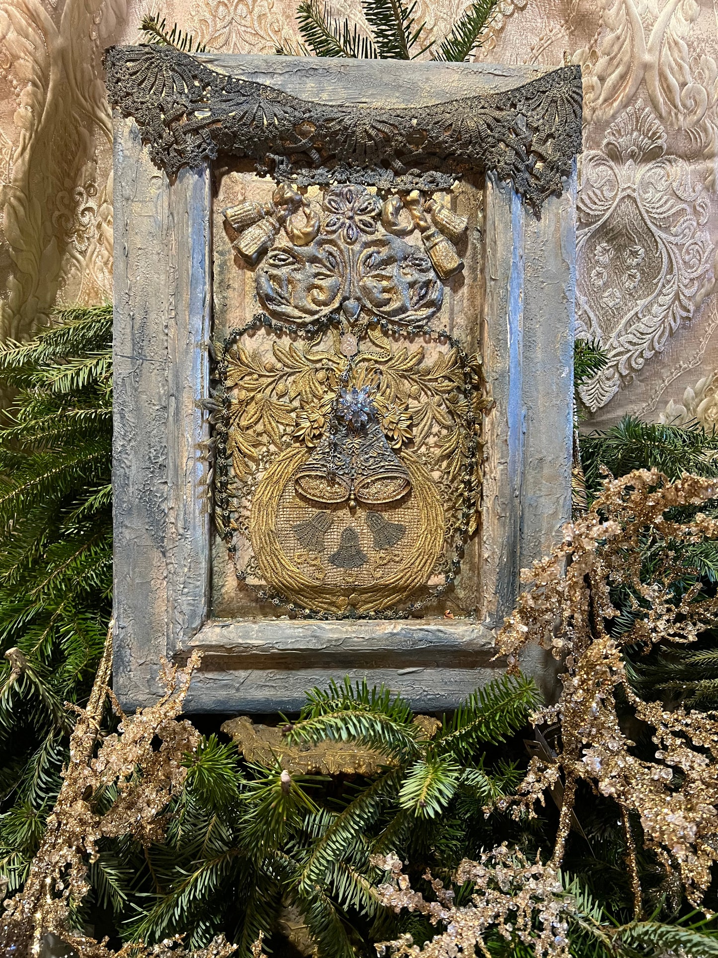 Framed Vintage Jewelry Art ~ Vintage Holiday Wall Art ~ Handcrafted Vintage Beaded Christmas Art