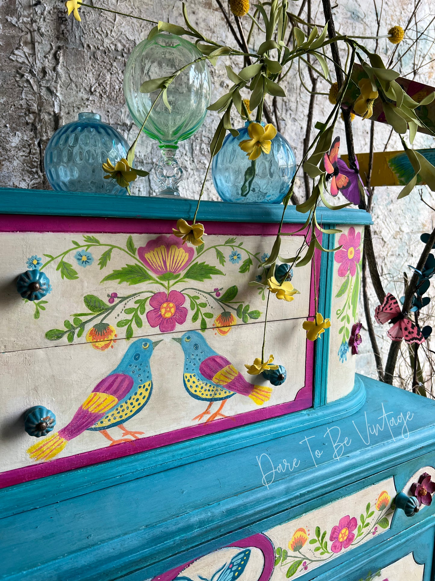 'Dance Amongst The Garden ' Hand Painted Folk Art Whimsical Bird Floral Dresser