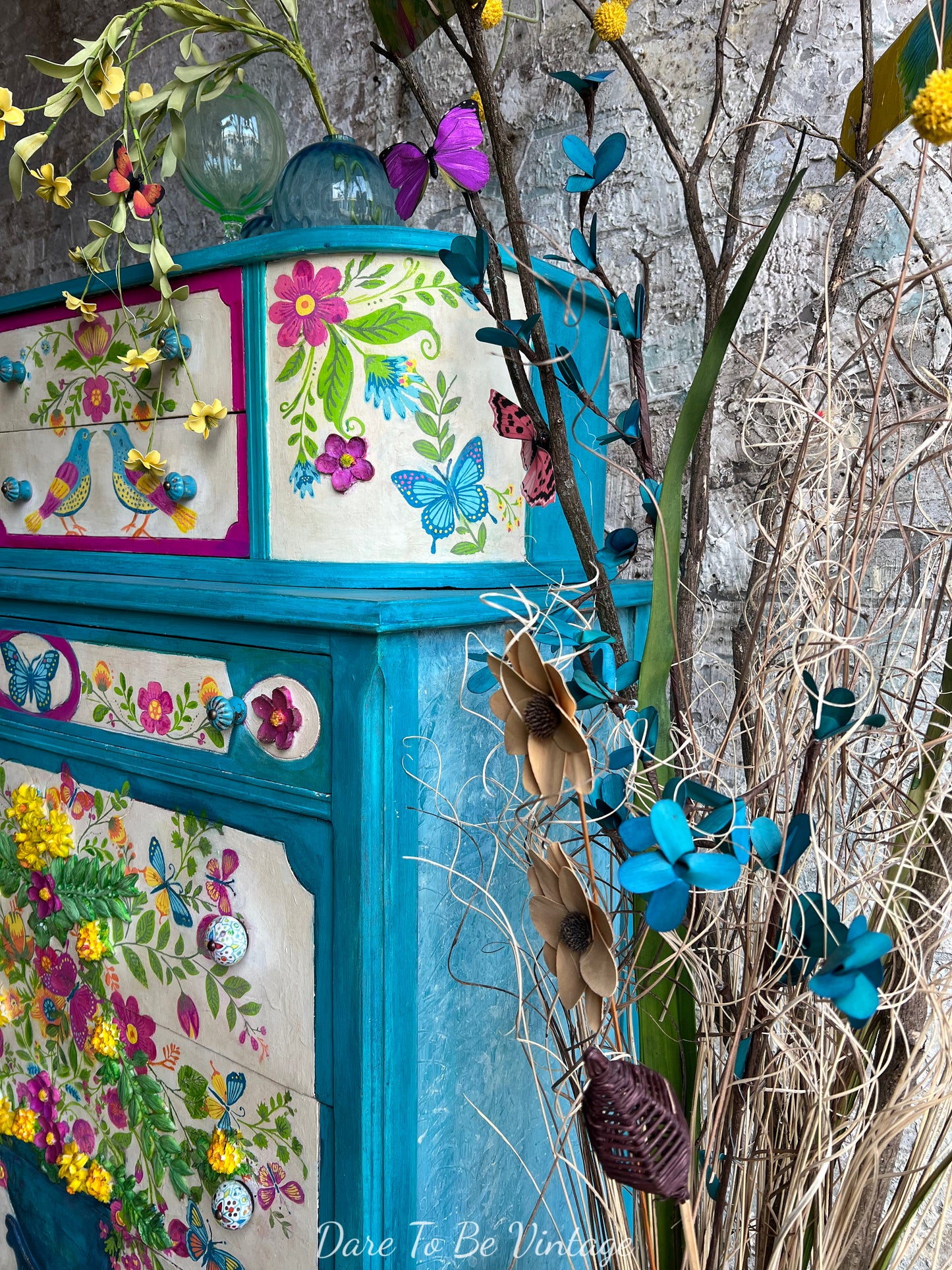 'Dance Amongst The Garden ' Hand Painted Folk Art Whimsical Bird Floral Dresser