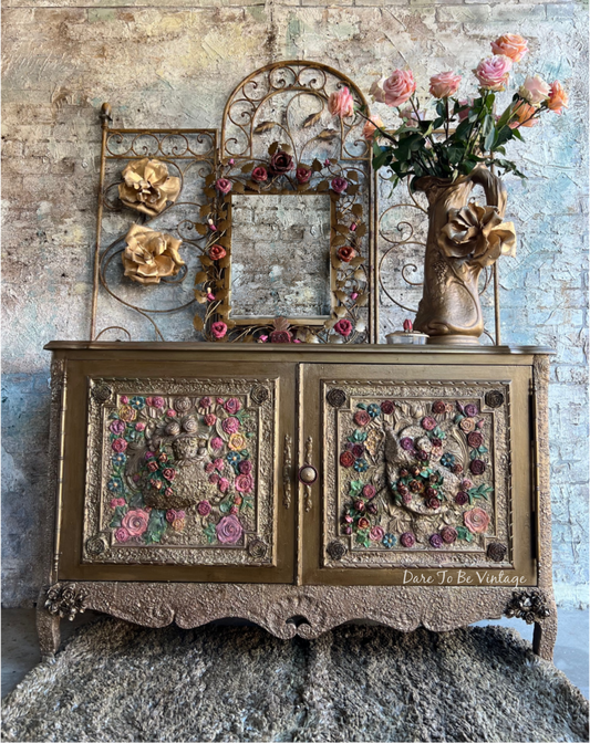 “The Rose Cliff “ Romantic Gilded Gold Floral Buffet ~ Cabinet ~ Entryway Table