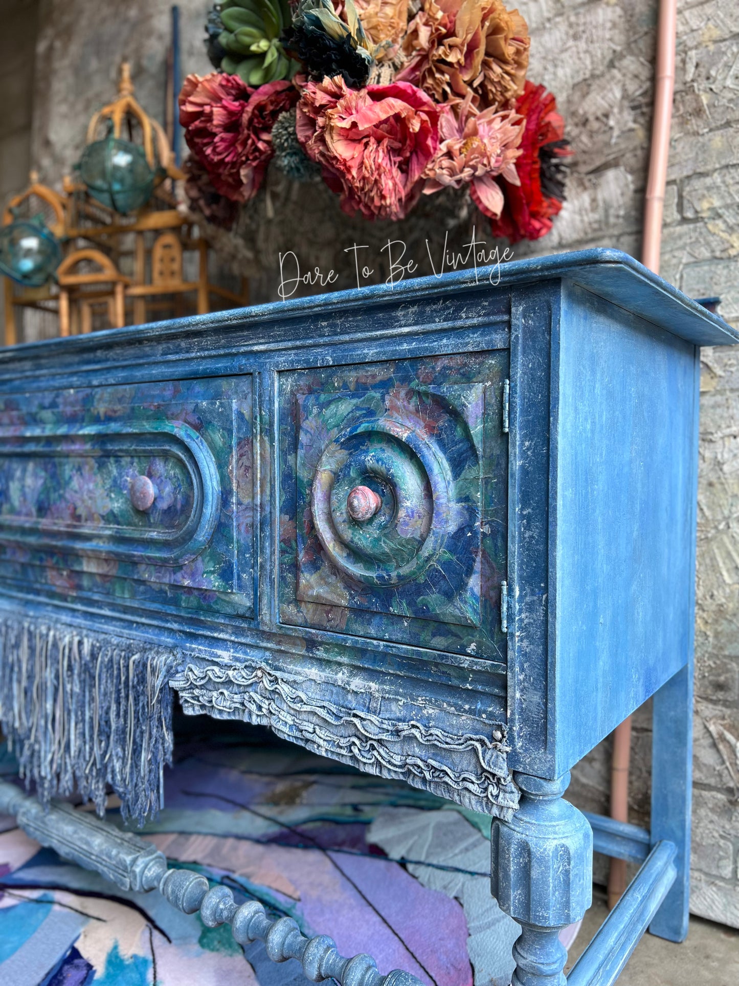 'Love Is In The Air ' Hand Painted Blue Jean Floral Buffet Sideboard