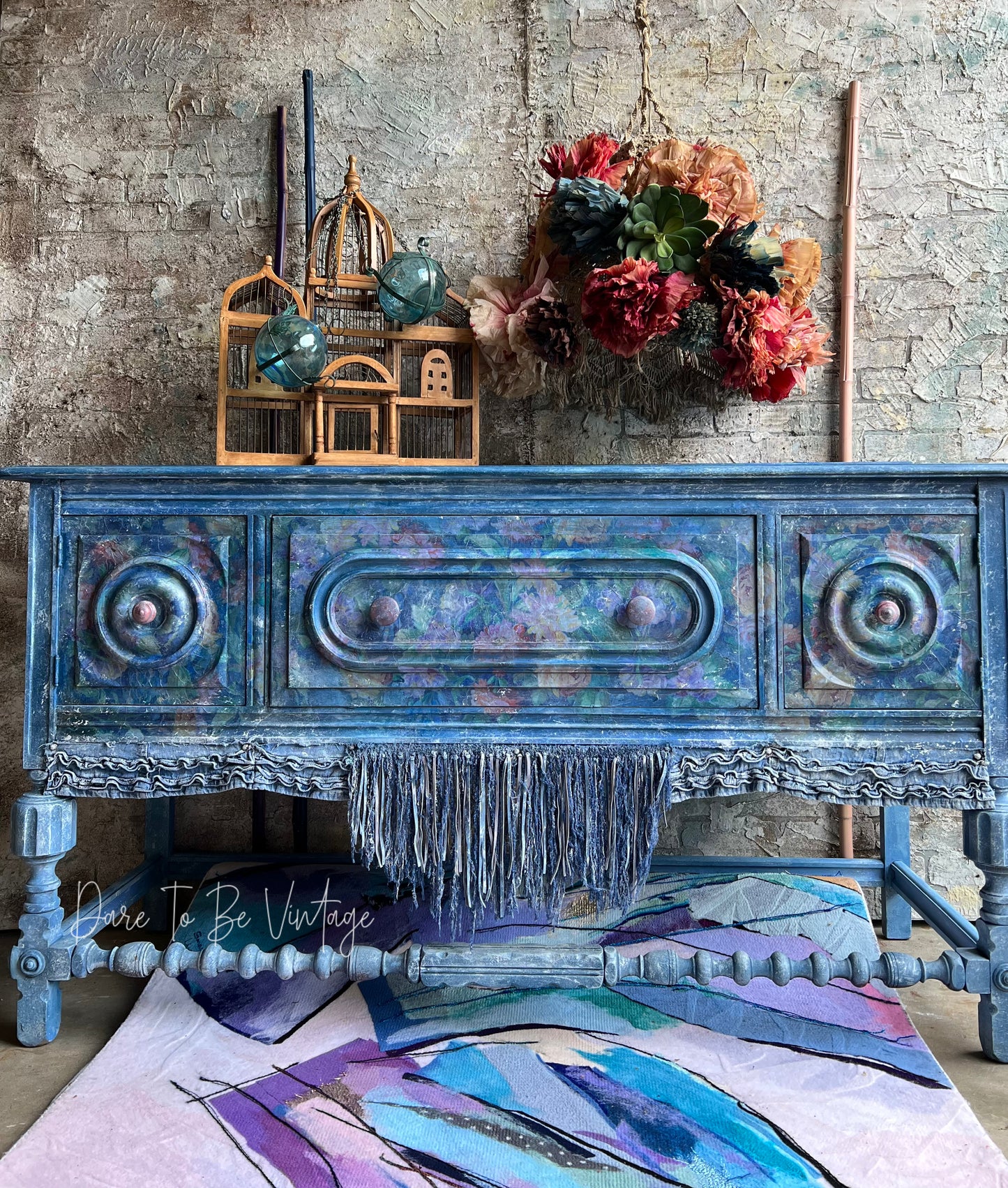 'Love Is In The Air ' Hand Painted Blue Jean Floral Buffet Sideboard